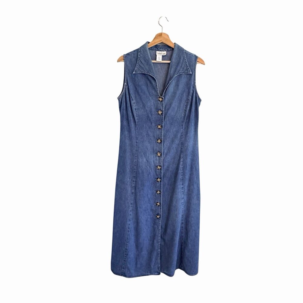 Vintage Coldwater Creek Womens Modest Country Denim Maxi Dress Size M Cotton